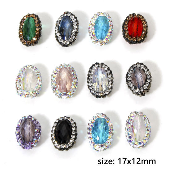 Picture of Glass Beads For DIY Charm Jewelry Making Oval Multicolor Rhinestone About 17mm x 12mm, Hole: Approx 0.5mm