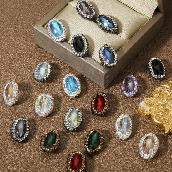 Image de 2 Pcs Perles pour DIY Fabrication de Bijoux de Breloquee en Verre Ovale Multicolore A Strass, 17mm x 12mm, Trou: 0.5mm