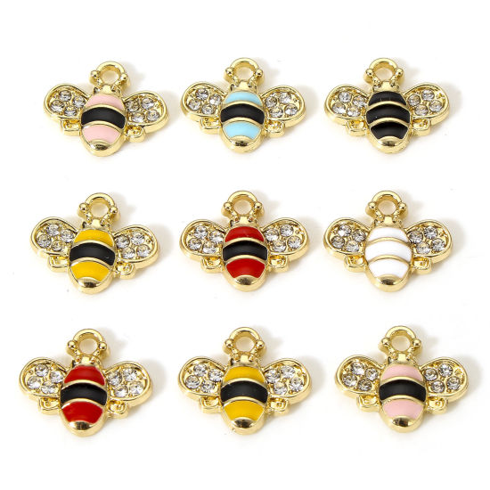 Picture of Zinc Based Alloy Insect Charms Gold Plated Multicolor Bee Animal Enamel Clear Rhinestone 15mm x 13mm