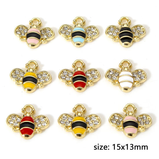 Picture of Zinc Based Alloy Insect Charms Gold Plated Multicolor Bee Animal Enamel Clear Rhinestone 15mm x 13mm