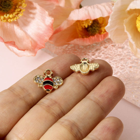 Picture of Zinc Based Alloy Insect Charms Gold Plated Multicolor Bee Animal Enamel Clear Rhinestone 15mm x 13mm