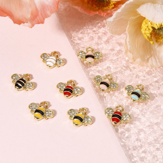 Picture of Zinc Based Alloy Insect Charms Gold Plated Multicolor Bee Animal Enamel Clear Rhinestone 15mm x 13mm