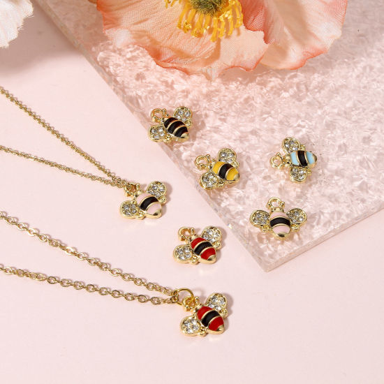 Picture of Zinc Based Alloy Insect Charms Gold Plated Multicolor Bee Animal Enamel Clear Rhinestone 15mm x 13mm