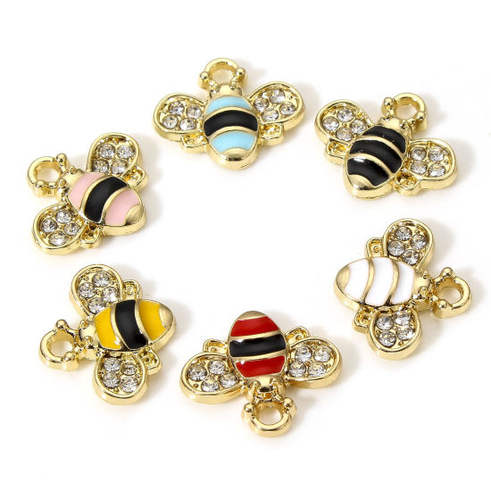 Picture of Zinc Based Alloy Insect Charms Gold Plated Multicolor Bee Animal Enamel Clear Rhinestone 15mm x 13mm