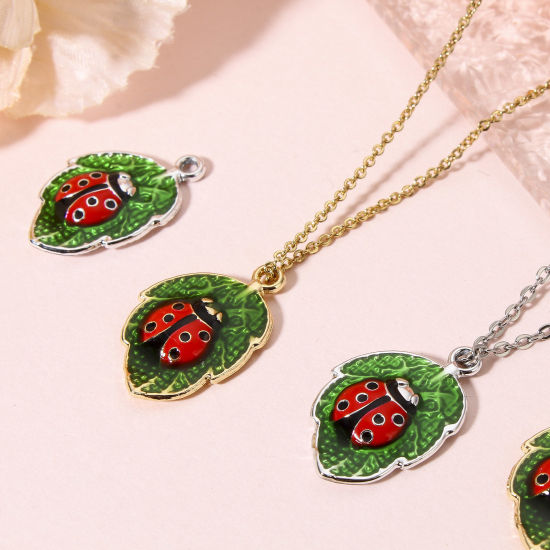 Picture of Zinc Based Alloy Insect Charms Multicolor Leaf Ladybird Enamel 22mm x 14mm