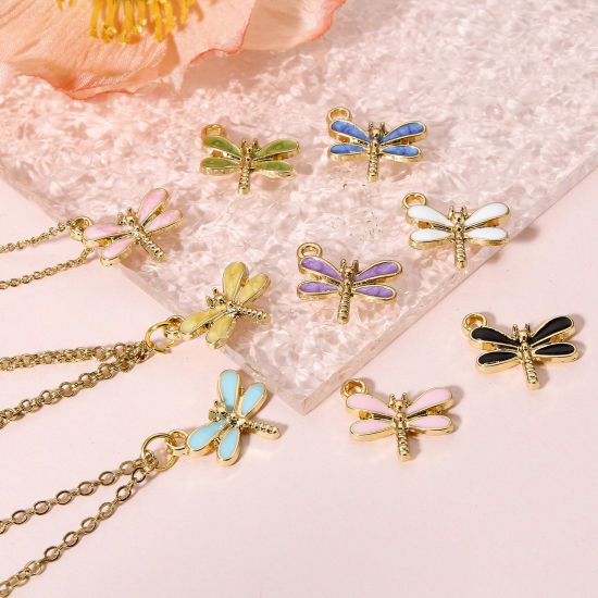 Picture of Zinc Based Alloy Insect Charms Gold Plated Multicolor Dragonfly Animal Enamel 15.5mm x 14.5mm