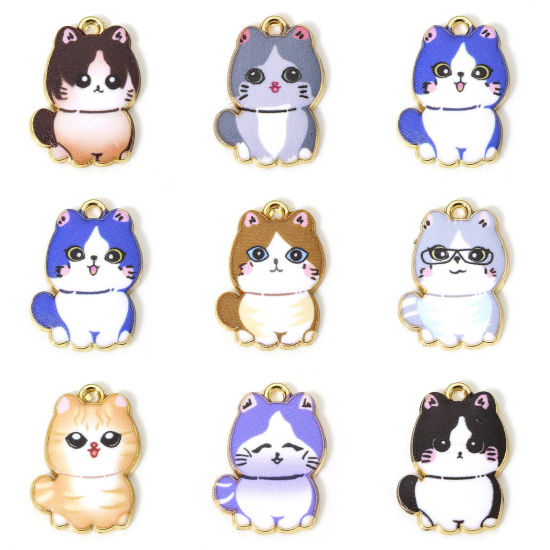 Immagine di 10 Pz Lega di Zinco Charms Oro Placcato Multicolore Gatto Smalto 21mm x 15mm