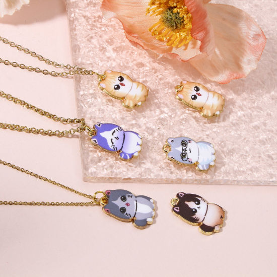 Immagine di 10 Pz Lega di Zinco Charms Oro Placcato Multicolore Gatto Smalto 21mm x 15mm