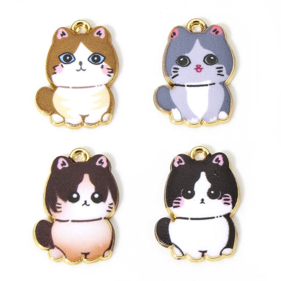 Immagine di 10 Pz Lega di Zinco Charms Oro Placcato Multicolore Gatto Smalto 21mm x 15mm