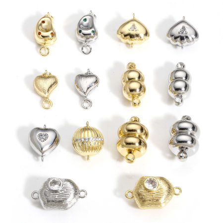 Brass Magnetic Clasps Hexagon Real Gold Plated Can Open Clear Rhinestone