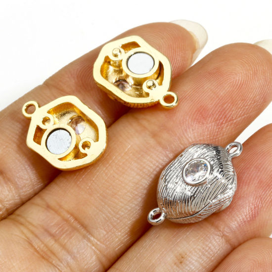 Picture of Brass Magnetic Clasps Hexagon Real Gold Plated Can Open Clear Rhinestone