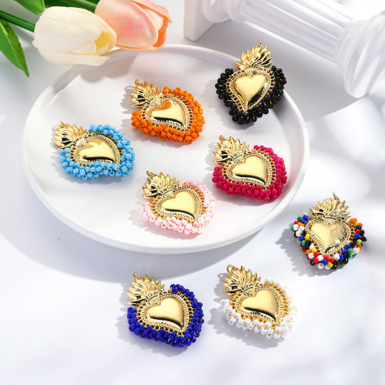 Picture of Zinc Based Alloy Religious Pendants Gold Plated Multicolor Ex Voto Heart Beaded 5.5cm x 4cm