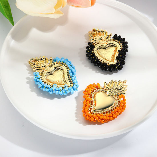 Picture of Zinc Based Alloy Religious Pendants Gold Plated Multicolor Ex Voto Heart Beaded 5.5cm x 4cm