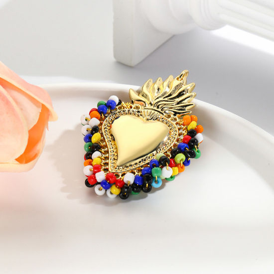 Picture of Zinc Based Alloy Religious Pendants Gold Plated Multicolor Ex Voto Heart Beaded 5.5cm x 4cm