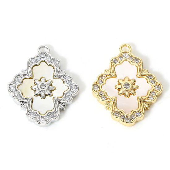 Image de 1 Pièce Breloques Style Royal en Coquille Naturelle & Cuivre Losange Multicolore Micro Pave à Zircone Cubique Clair 19mm x 15mm