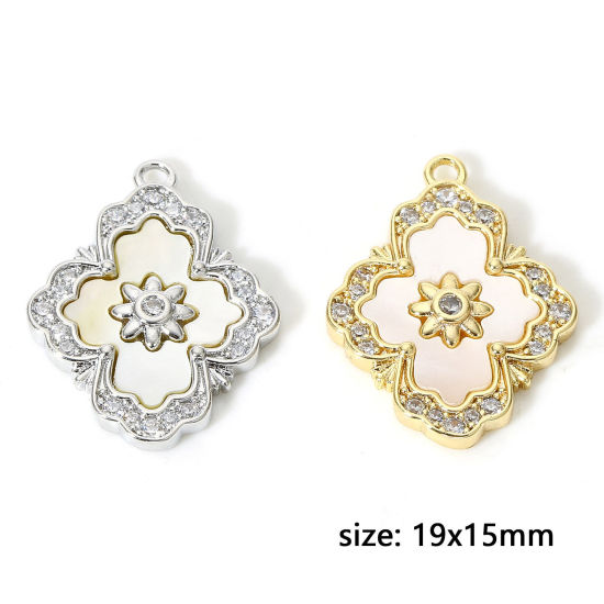 Image de 1 Pièce Breloques Style Royal en Coquille Naturelle & Cuivre Losange Multicolore Micro Pave à Zircone Cubique Clair 19mm x 15mm
