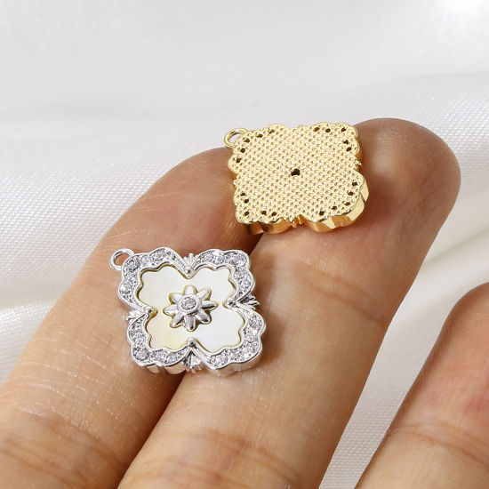 Image de 1 Pièce Breloques Style Royal en Coquille Naturelle & Cuivre Losange Multicolore Micro Pave à Zircone Cubique Clair 19mm x 15mm