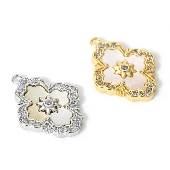 Image de 1 Pièce Breloques Style Royal en Coquille Naturelle & Cuivre Losange Multicolore Micro Pave à Zircone Cubique Clair 19mm x 15mm