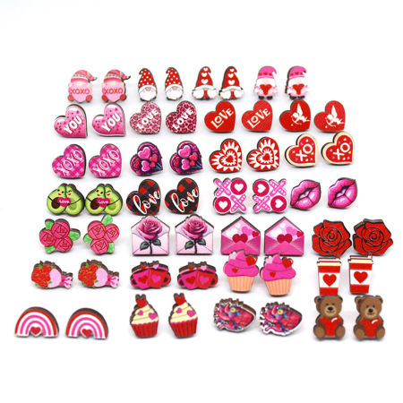 Natural Wood Valentine's Day Ear Post Stud Earrings Multicolor Heart Cupid