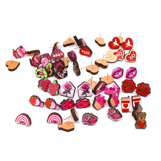 Image de 1 Paire Boucles d'Oreilles Puces La Saint Valentin en Bois Multicolore Cœur Cupidon
