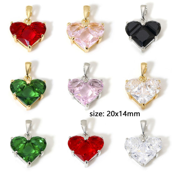Picture of Brass Valentine's Day Charm Pendant 18K Real Gold Plated Heart Multicolour Cubic Zirconia 20mm x 14mm
