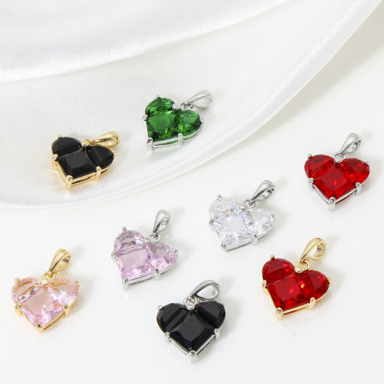 Picture of Brass Valentine's Day Charm Pendant 18K Real Gold Plated Heart Multicolour Cubic Zirconia 20mm x 14mm