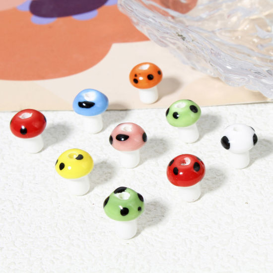 Picture of Ceramic Beads For DIY Charm Jewelry Making Mushroom Multicolor 3D About 12mm x 10mm, Hole: Approx 2mm