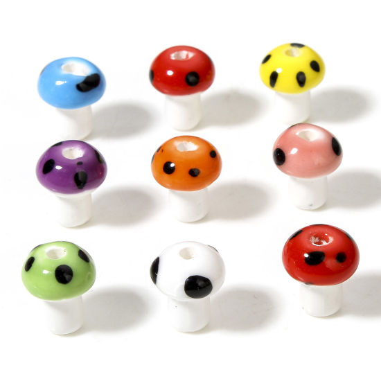 Picture of Ceramic Beads For DIY Charm Jewelry Making Mushroom Multicolor 3D About 12mm x 10mm, Hole: Approx 2mm