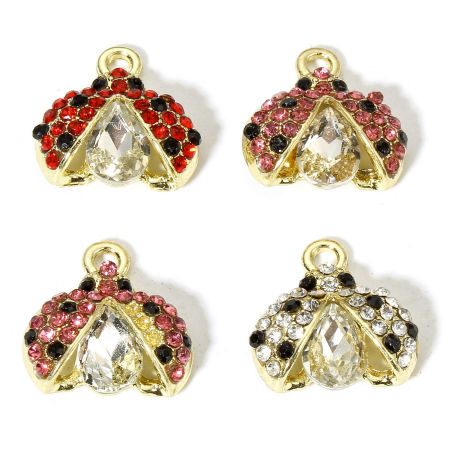 Immagine di 5 Pz Lega di Zinco Insetto Charms Oro Placcato Coccinella Multicolore Strass Micro Spianare 16mm x 16mm
