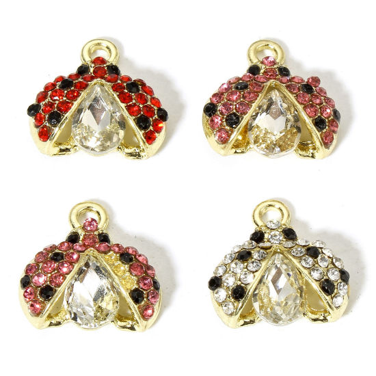 Picture of Zinc Based Alloy Insect Charms Gold Plated Ladybug Animal Micro Pave Multicolor Rhinestone 16mm x 16mm