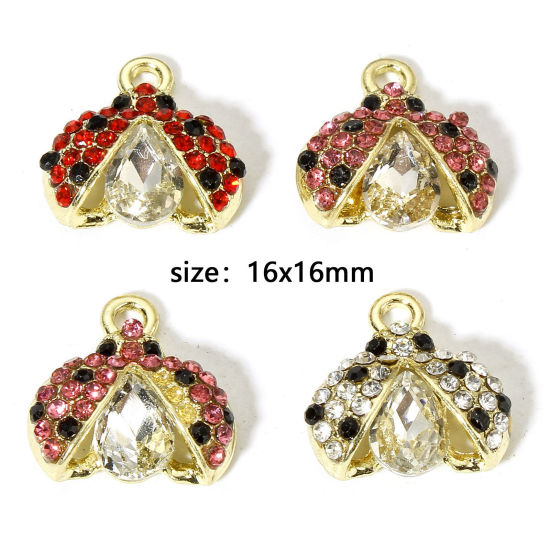 Picture of Zinc Based Alloy Insect Charms Gold Plated Ladybug Animal Micro Pave Multicolor Rhinestone 16mm x 16mm