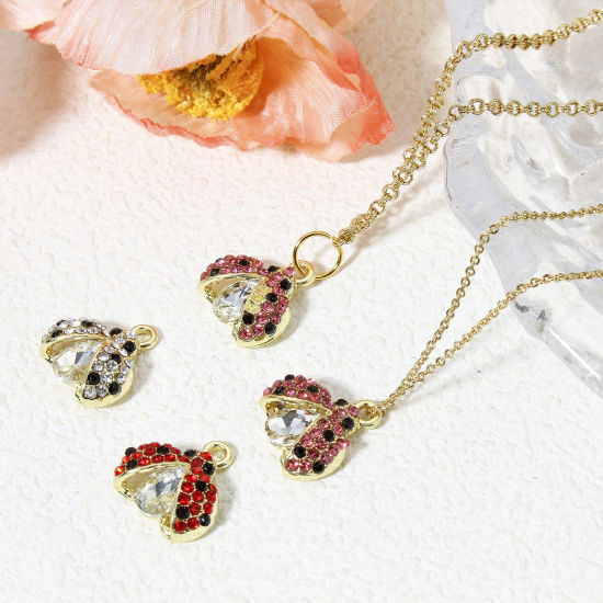 Picture of Zinc Based Alloy Insect Charms Gold Plated Ladybug Animal Micro Pave Multicolor Rhinestone 16mm x 16mm