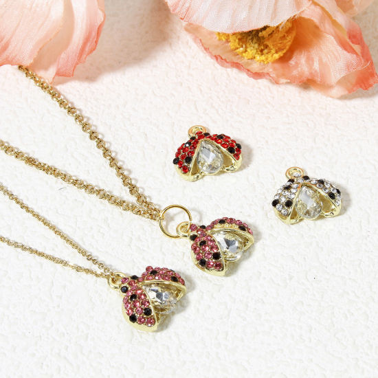 Picture of Zinc Based Alloy Insect Charms Gold Plated Ladybug Animal Micro Pave Multicolor Rhinestone 16mm x 16mm