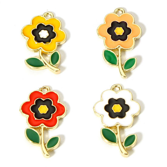 Image de 10 Pcs Breloques en Alliage de Zinc Doré Multicolore Fleur Émail 23.5mm x 14mm