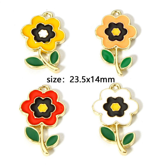 Image de 10 Pcs Breloques en Alliage de Zinc Doré Multicolore Fleur Émail 23.5mm x 14mm