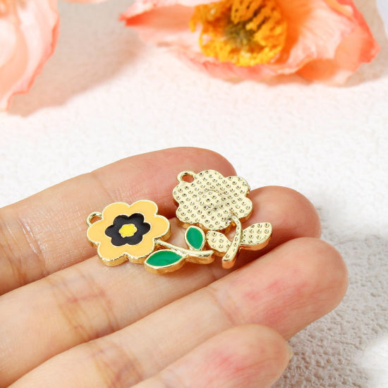 Image de 10 Pcs Breloques en Alliage de Zinc Doré Multicolore Fleur Émail 23.5mm x 14mm