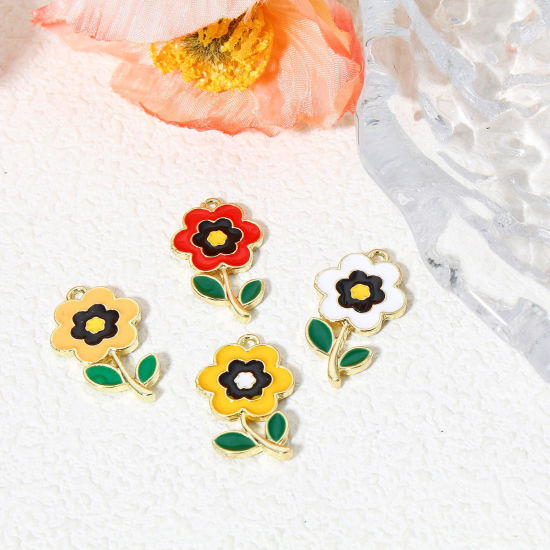 Image de 10 Pcs Breloques en Alliage de Zinc Doré Multicolore Fleur Émail 23.5mm x 14mm