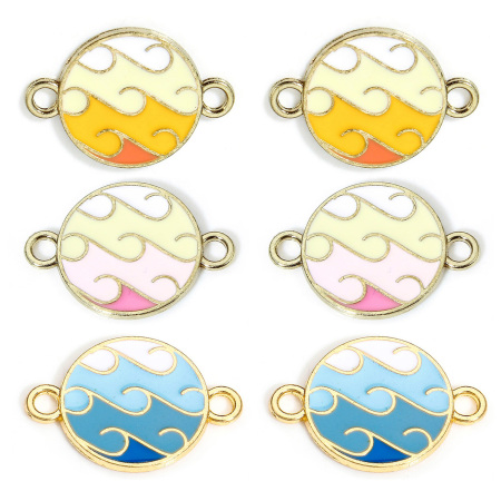 Zinc Based Alloy Connectors Charms Pendants Gold Plated Multicolor Gradient Color Round Wave Enamel 23mm x 16mm