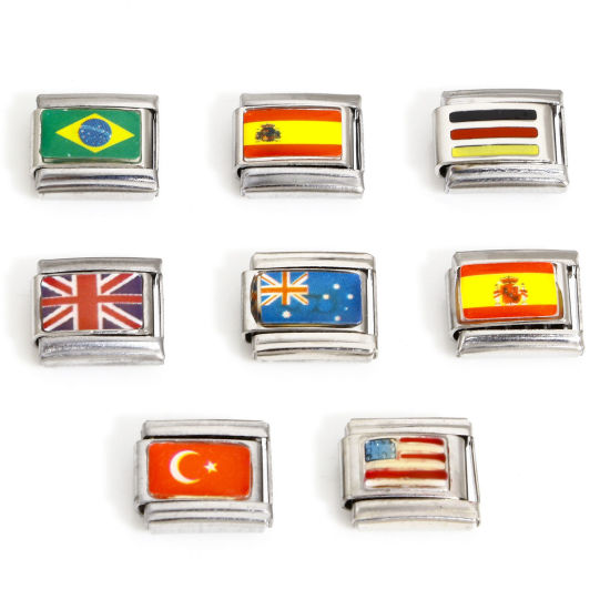 Picture of 304 Stainless Steel Italian Charm Links For DIY Bracelet Jewelry Making Silver Tone Rectangle National Flag Enamel 10mm x 9mm