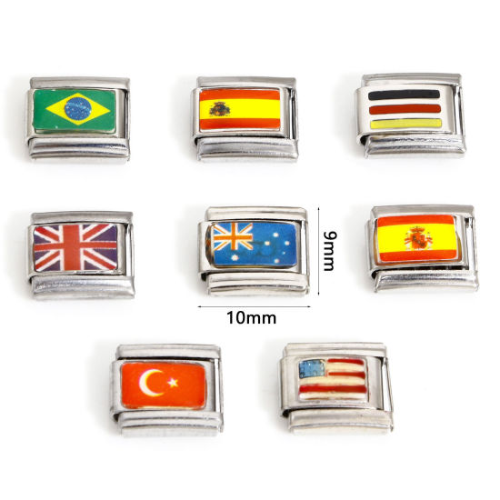 Picture of 304 Stainless Steel Italian Charm Links For DIY Bracelet Jewelry Making Silver Tone Rectangle National Flag Enamel 10mm x 9mm