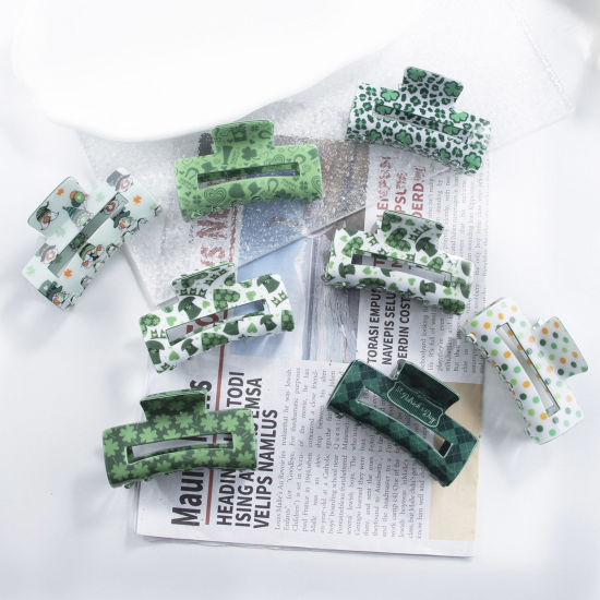 Picture of PVC St Patrick's Day Hair Claw Clips Clamps Multicolor Leaf Clover Rectangle Hollow