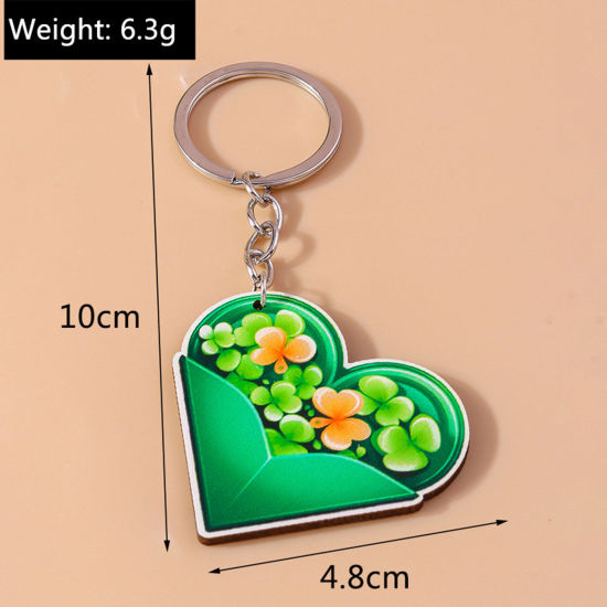 Picture of Wood St Patrick's Day Keychain & Keyring Silver Tone Green Leaf Clover Heart