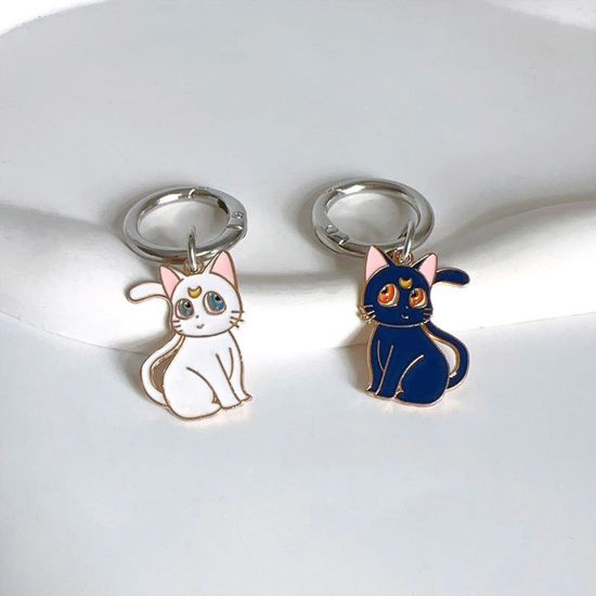 Picture of Cute Shoe Buckles For DIY Shoe Charm Decoration Accessories Silver Tone Multicolor Cat Animal Keychain & Keyring Enamel