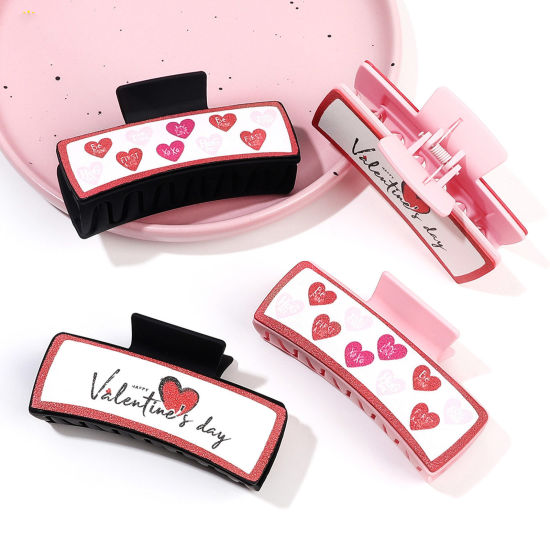 Picture of PU Leather Valentine's Day Hair Claw Clips Clamps Pink Rectangle Heart