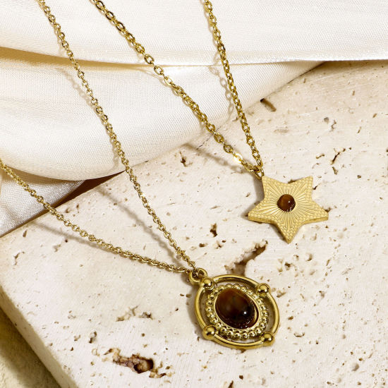 Изображение 1 ШТ Титановая сталь и тигровый глаз Ретро Подвески 18K настоящее золото с покрытием Подсолнечник