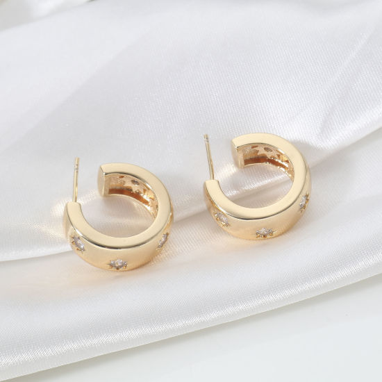 Imagen de 2 Unidades Enchapado al Vacío Ecológico Elegante Geométrico 18K Oro Real Chapado Cobre Corazón Estrellas de cinco puntos Aretes de Aro Unisexo Fiesta