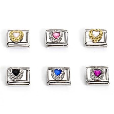 Picture of 304 Stainless Steel Italian Charm Links For DIY Bracelet Jewelry Making Silver Tone Rectangle Heart Rhinestone 10mm x 9mm