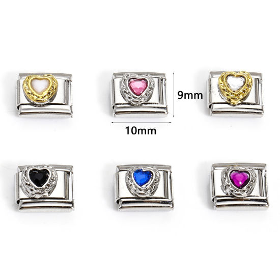 Picture of 304 Stainless Steel Italian Charm Links For DIY Bracelet Jewelry Making Silver Tone Rectangle Heart Rhinestone 10mm x 9mm