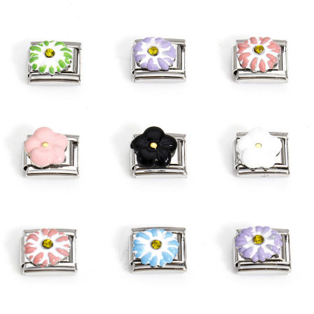 Picture of 304 Stainless Steel Italian Charm Links For DIY Bracelet Jewelry Making Silver Tone Rectangle Carved Pattern Yellow Rhinestone 10mm x 9mm