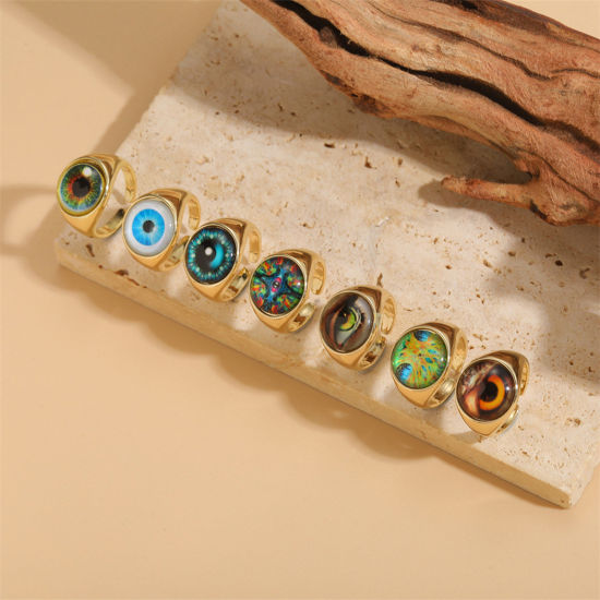 Bild von 1 Stück Messing Religiös Offen Verstellbar Ring Rund Auge Vergoldet Bunt Mit Harz Cabochons                                                                                                                                                                   